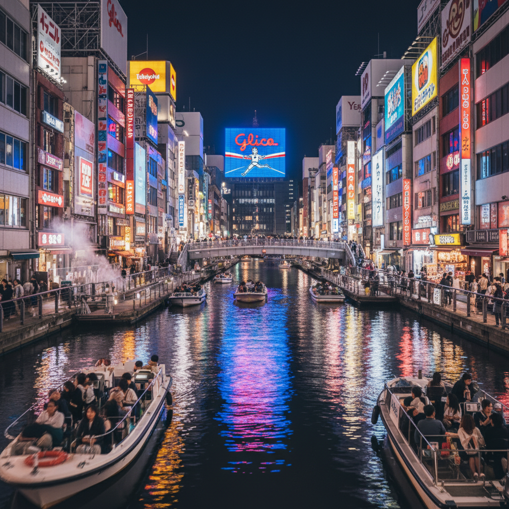 오사카 도톤보리 운하의 활기찬 모습, 글리코상 간판을 비롯한 화려한 전광판들이 물결에 반사되는 화려한 색채의 야경 사진.